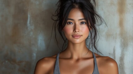 Fototapeta premium Young Asian woman in yoga attire with calm expression; serenity and mindfulness in simplicity.
