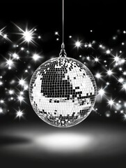 Disco Ball Sparkle Night - A silver disco ball hangs against a black background, surrounded by sparkling lights. Perfect for party, dance, or nightlife themes