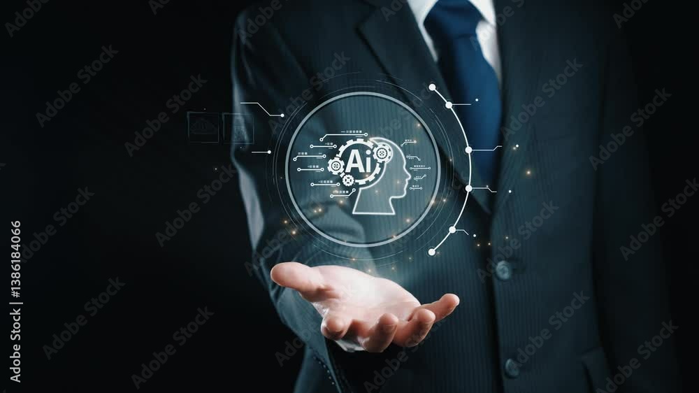 Poster human interact with ai artificial intelligence brain processor in concept of ai artificial intellige