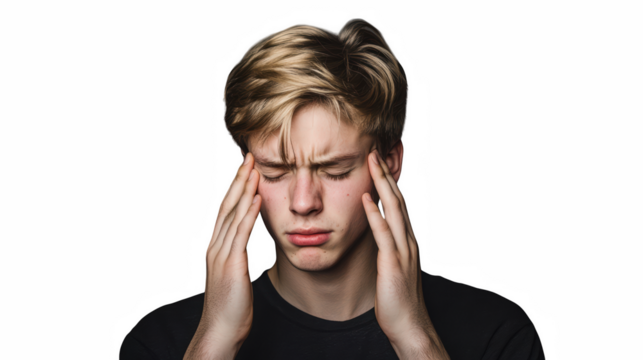 Young man expressing stress gray background portrait photography emotional distress close-up view