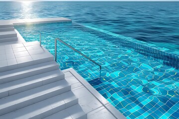Obraz premium Stainless steel handrails by a pool with sunlight, embodying vacation, wellness, and leisure.
