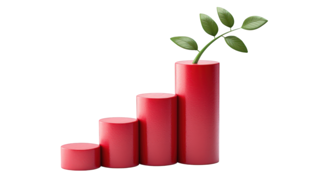 A red bar graph shows increasing growth, with a green plant sprouting from the tallest bar, symbolizing progress and sustainability.