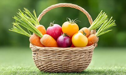 Fresh Organic Vegetables and Fruits in a Woven Basket Display