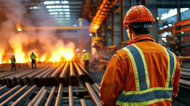 The safety officer examines the steel beams for any signs of wear, molten metal glowing brightly in the background as workers in reflective suits ensure the smooth flow of operatio