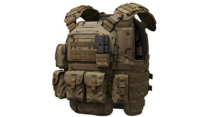 Close up of a tan tactical vest with pouches on a black background