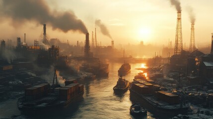 Industrial Sunset Smokestacks Cargo Ships and Golden Light Over a Busy Waterway