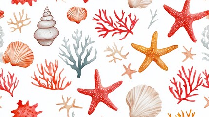 Watercolor undersea pattern featuring seashells, coral and starfish elements
