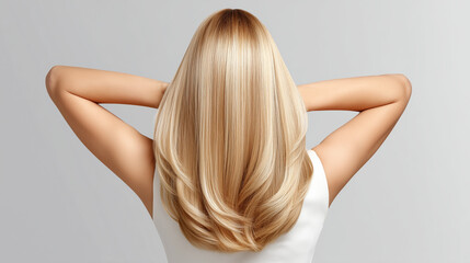 Naklejka premium Back view of woman with long straight blonde hair touching her head