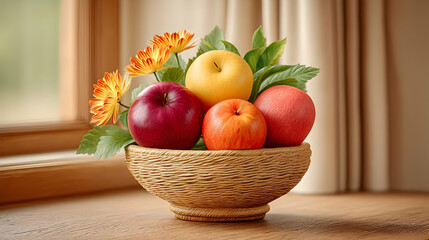 Fresh Fruit Arrangement in a Wooden Bowl on a Table with Flowers