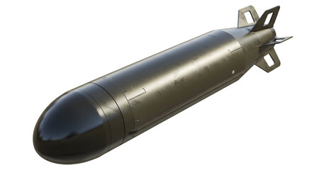 A torpedo in a dark background showing its fins and sleek design view