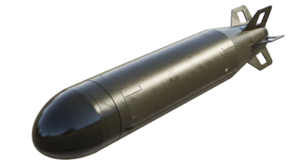 A torpedo in a dark background showing its fins and sleek design view