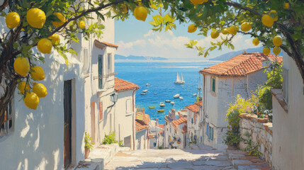 Lemon branches framing a quiet seaside alley, white stucco homes and terracotta rooftops glowing under sunlight, vibrant blue ocean stretching to the horizon