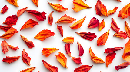 A detailed view of dried safflower petals in vivid orange-red, scattered across a clean white surface, their texture and vibrant color creating a visually striking display.