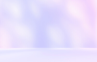 Empty purple pink blue paste room studio with leaves shadow effect overlay. Sunlight effect shadows through window. Product presentation display room. Cosmetic showroom. Minimal mock up backdrop.