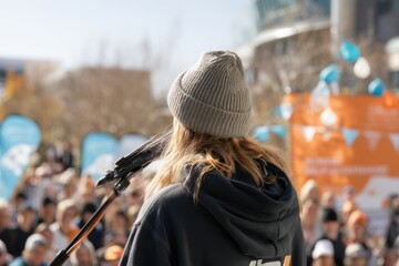 A person advocating for mental health awareness at a public event, awareness