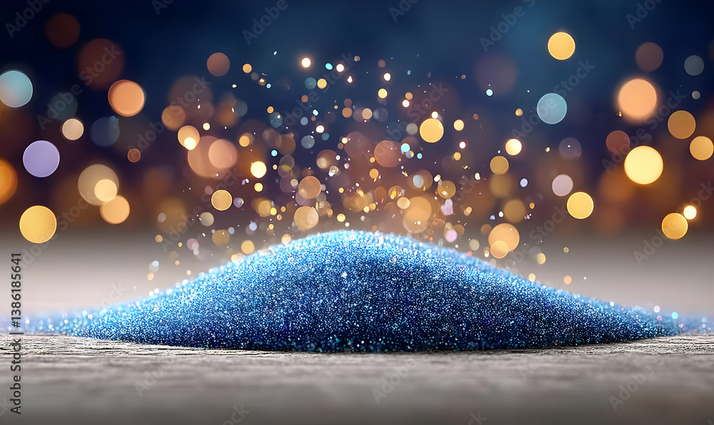 Poster mesmerizing blue glitter pile with soft bokeh background effect