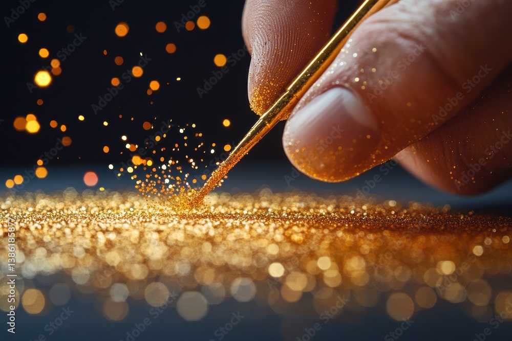 Leinwandbilder Hand holding and releasing golden glitter over a shimmering surface create an elegant display of sparkling particles in bright light