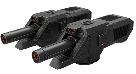 Two black futuristic cannons with red accents on a black background