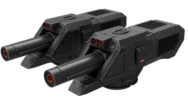 Two black futuristic cannons with red accents on a black background