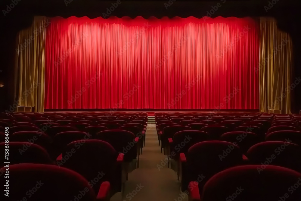 Poster empty theater seats and red curtain - rows of empty red theater seats face a large red stage curtain