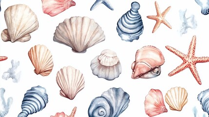 Watercolor Sea Treasures: A Seamless Pattern of Shells and Starfish