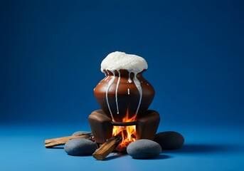 Traditional Sri Lankan Avurudu Boiling Milk Ceremony Clay Pot Firewood Rocks Blue Background