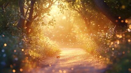 Naklejka premium Magical forest path bathed in golden sunlight. Possible use Stock photo for fantasy, nature, or dreamlike scenes