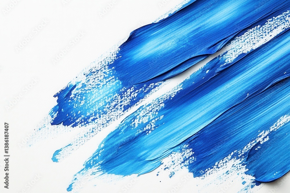 Poster bold blue paint strokes create an abstract design on a white canvas in contemporary art studio, show