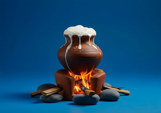 Traditional Sri Lankan Avurudu Boiling Milk Ceremony Clay Pot Firewood Rocks Blue Background