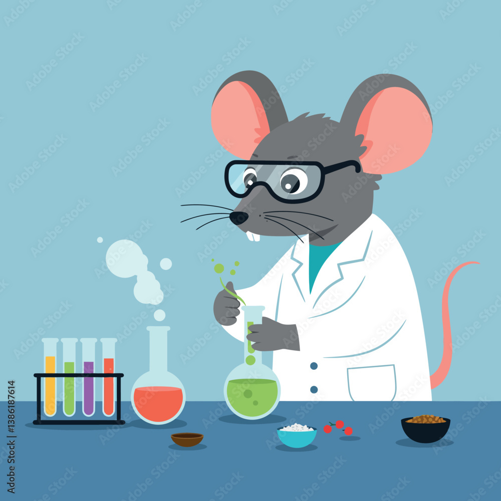 Poster a cartoon mouse in a lab coat conducting experiments with colorful liquids in a flat vector illustra