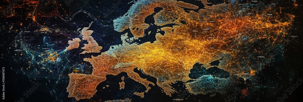 Poster european network connections map - abstract map of europe showcasing interconnectedness via glowing 