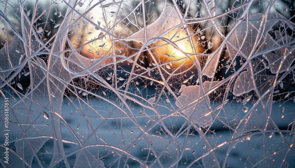 Poster textured surface of a frosted window, with intricate ice patterns softly revealing light.