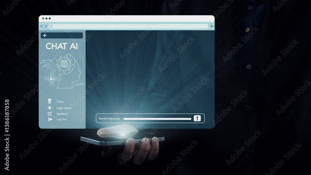 Poster a user interacts with a chat ai interface on a smartphone, showcasing digital conversation bubbles g