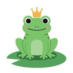 Fototapeta premium Cute green frog sitting on a lily pad wearing a golden crown in a flat vector illustration