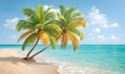 Fototapeta premium Serene Beach with Palm Trees and Turquoise Water in Bright Sunshine