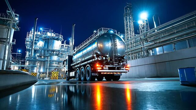 Large sewage vacuum truck parked head-on at a municipal waste treatment facility, the giant silver tank gleaming, intricate piping systems visible around