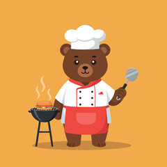 A cute bear chef in a white uniform grilling burgers in a flat, colorful style of vector art