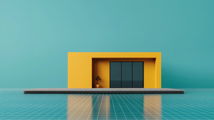 architectural 3D renderings + minimalist + visualization + blueprint A modern, minimalist house with a vibrant yellow facade against a turquoise background.