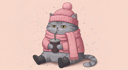 Adorable cat wearing a pink beanie and holding a takeaway coffee cup, cozy and stylish animal character illustration with warm urban vibes