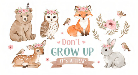 Watercolor animal collection featuring a fox, deer, raccoon, and owl in a soft hand-painted style, with forest wildlife theme and gentle natural colors