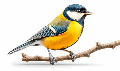 Isolated Great Tit Bird on Branch with White Background