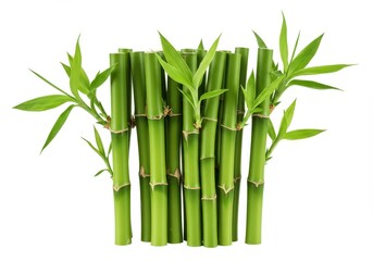 Obraz premium A cluster of realistic green bamboo stalks with segmented stems and vibrant leaves on white background