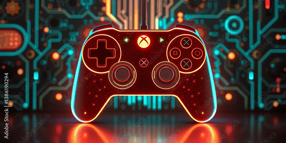 Poster glowing red gaming controller futuristic design digital art abstract background technology neon game