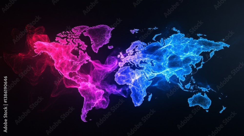 Poster global network connectivity visualization - a vibrant world map depicting global network connections