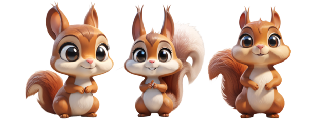 set of cartoon 3d squirrels with big eyes for illustrations on transparent background