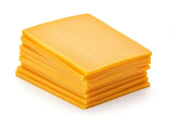 A stack of rectangular cheddar cheese slices neatly arranged and overlapping on a white background