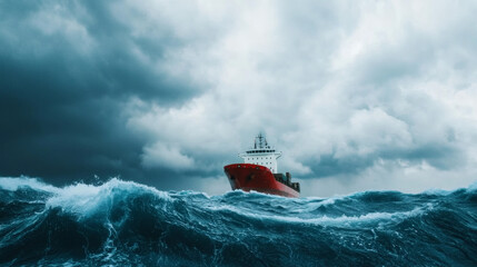 A large red ship navigates rough, stormy seas under ominous clouds, showcasing the power and unpredictability of nature.