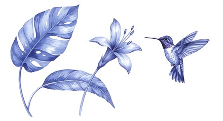 Serene Blue Hummingbird & Tropical Leaves Watercolor AI Generated