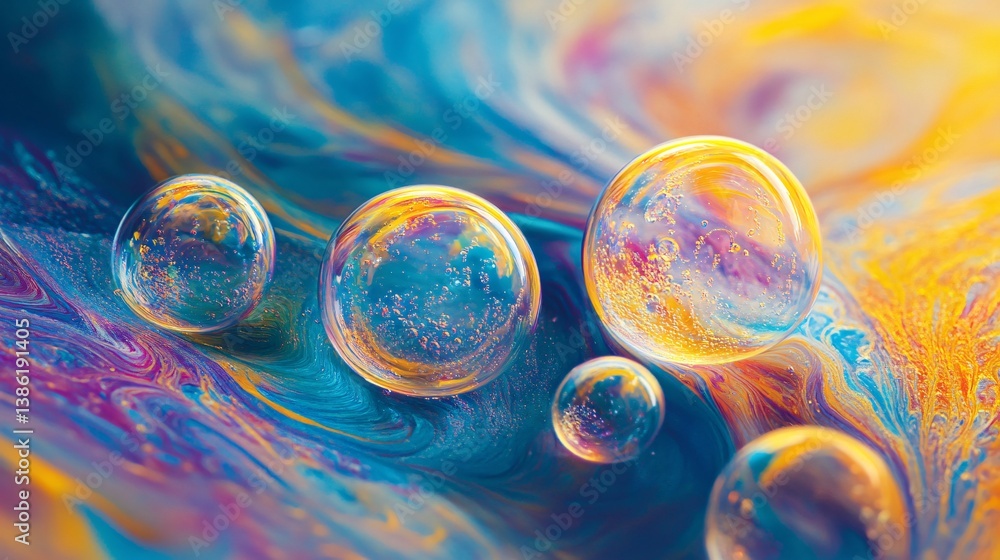Poster soap bubbles floating on a colorful abstract swirl background