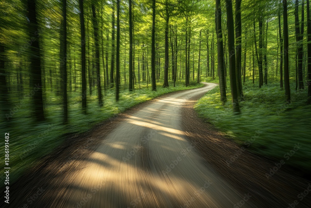 Poster peaceful forest path winding through tall trees in early autumn with fallen leaves and vibrant green